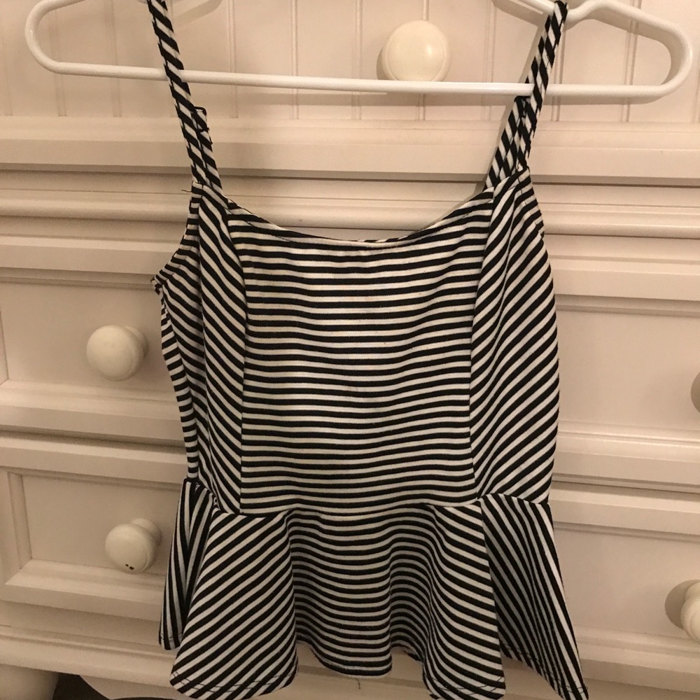 Black & white striped ruffle tank